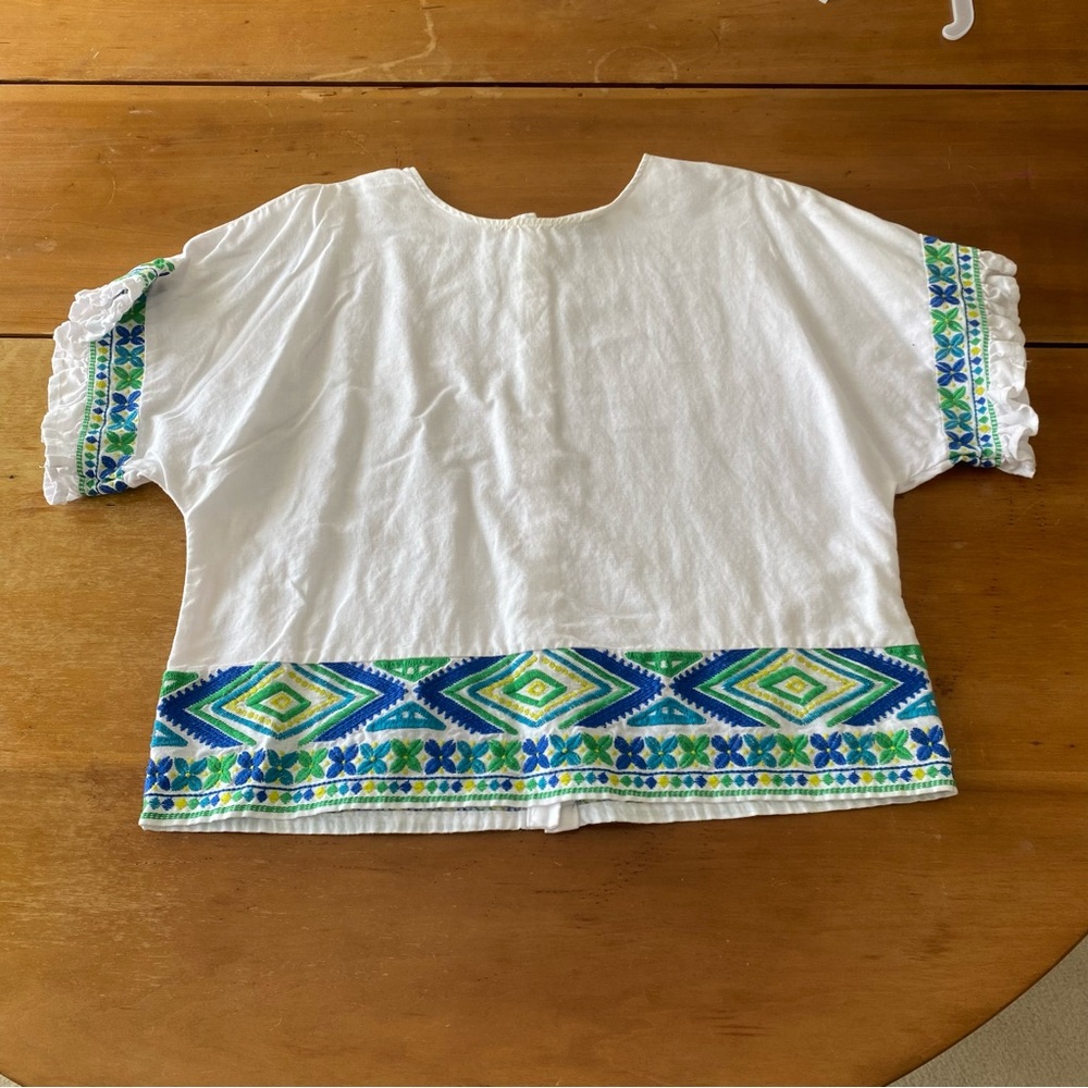 Cotton Linen White Blouse With Blue Green Southwest Embroidery, Buttons Ruffles